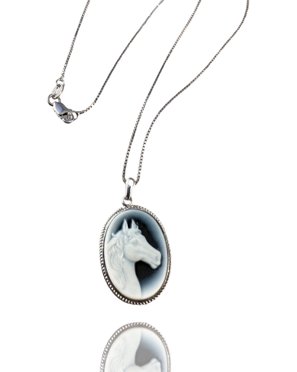 18” Sterling Silver Blue Agate Cameo Horse Necklace