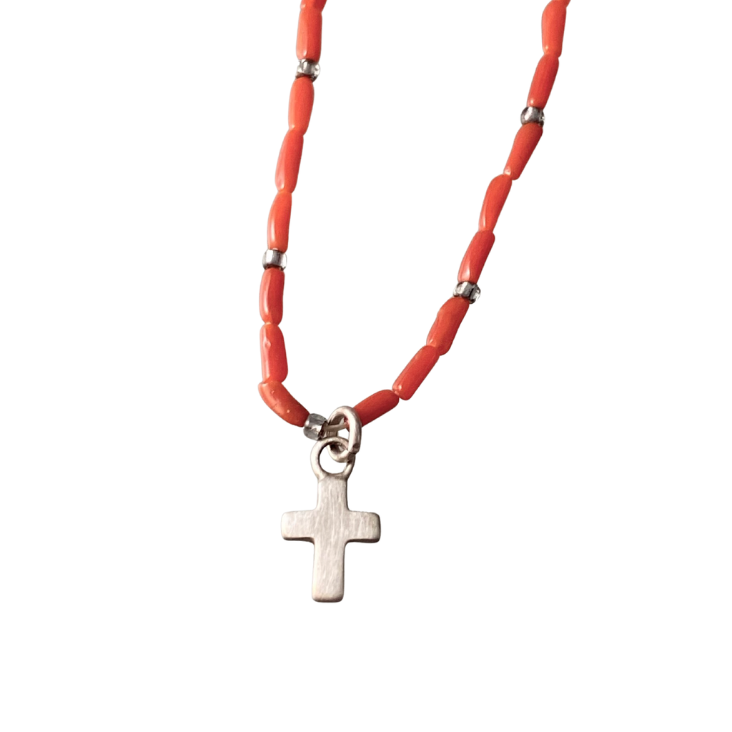 16” Beaded Coral Sterling Cross Necklace