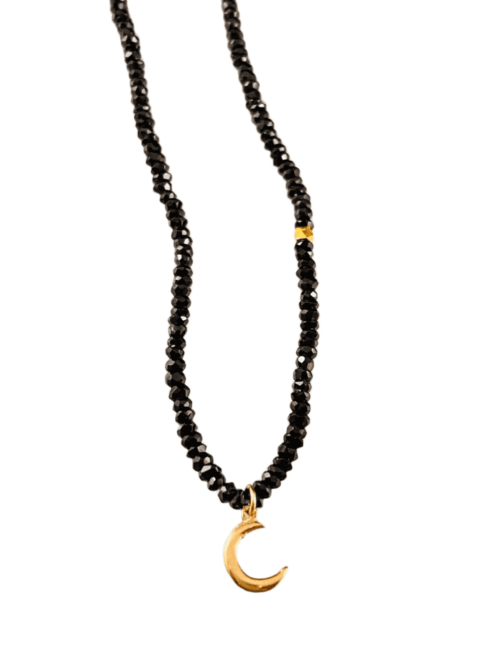 16” Faceted Black Garnet 14k Gold Crescent Moon Charm Necklace