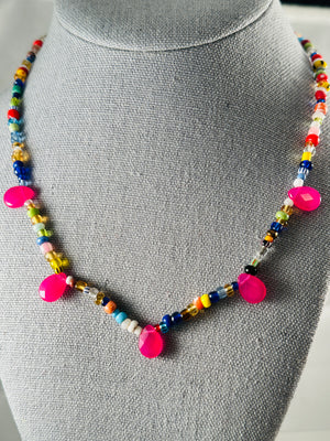 18” African Glass Bead Necklace with Sterling Heart or Pink Teardrops