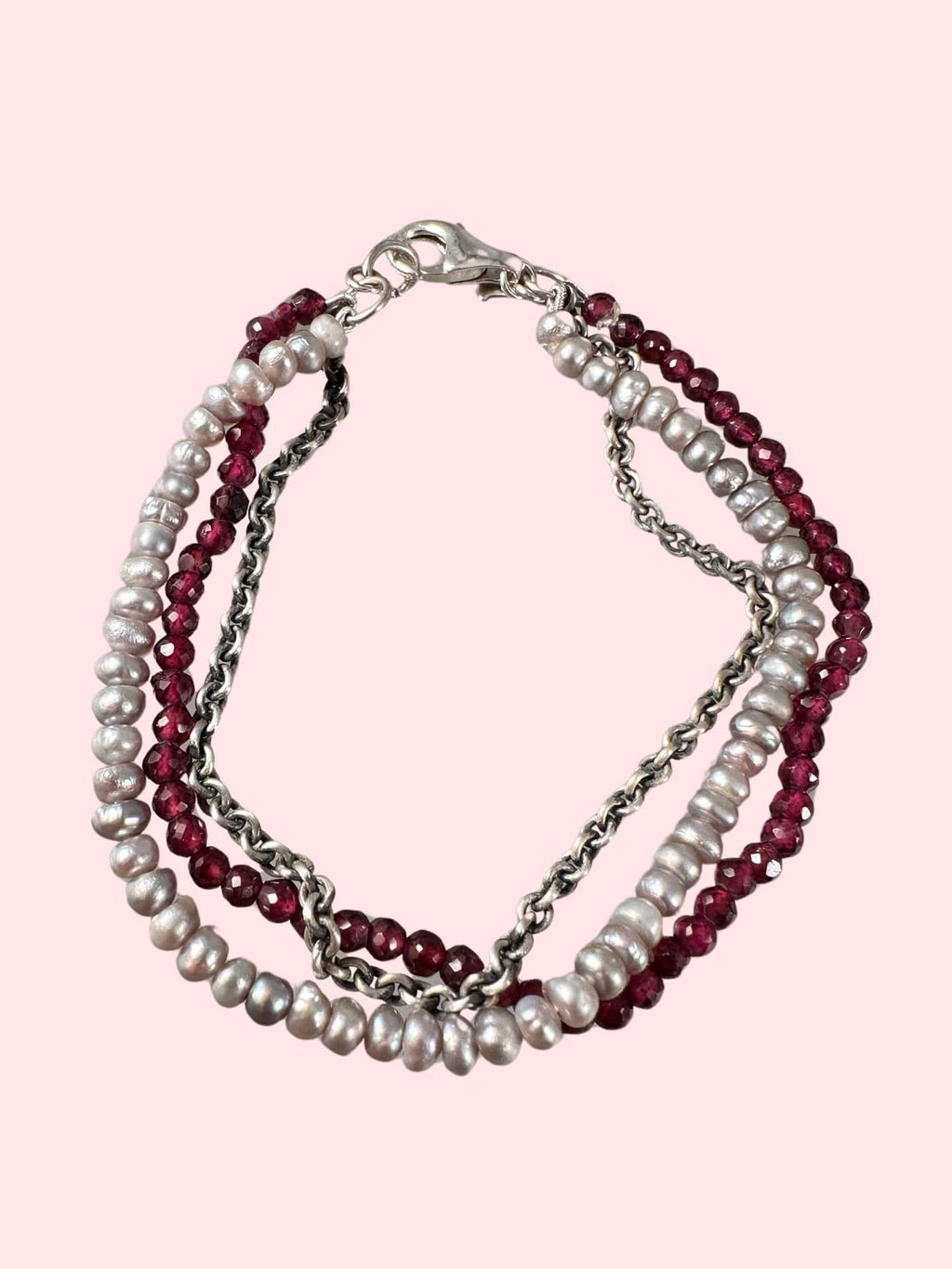 Garnet & Pearl Beaded Triple Strand Chain Bracelet