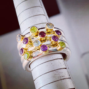 Sterling Silver & 14k Gold Faceted Gemstone Handmade Stacking Rings Made in USA, Custom, Birthstones, Personalized, Amethyst, Peridot, Blue Topaz, Garnet, Ruby, Sapphire, Opal, Moonstone