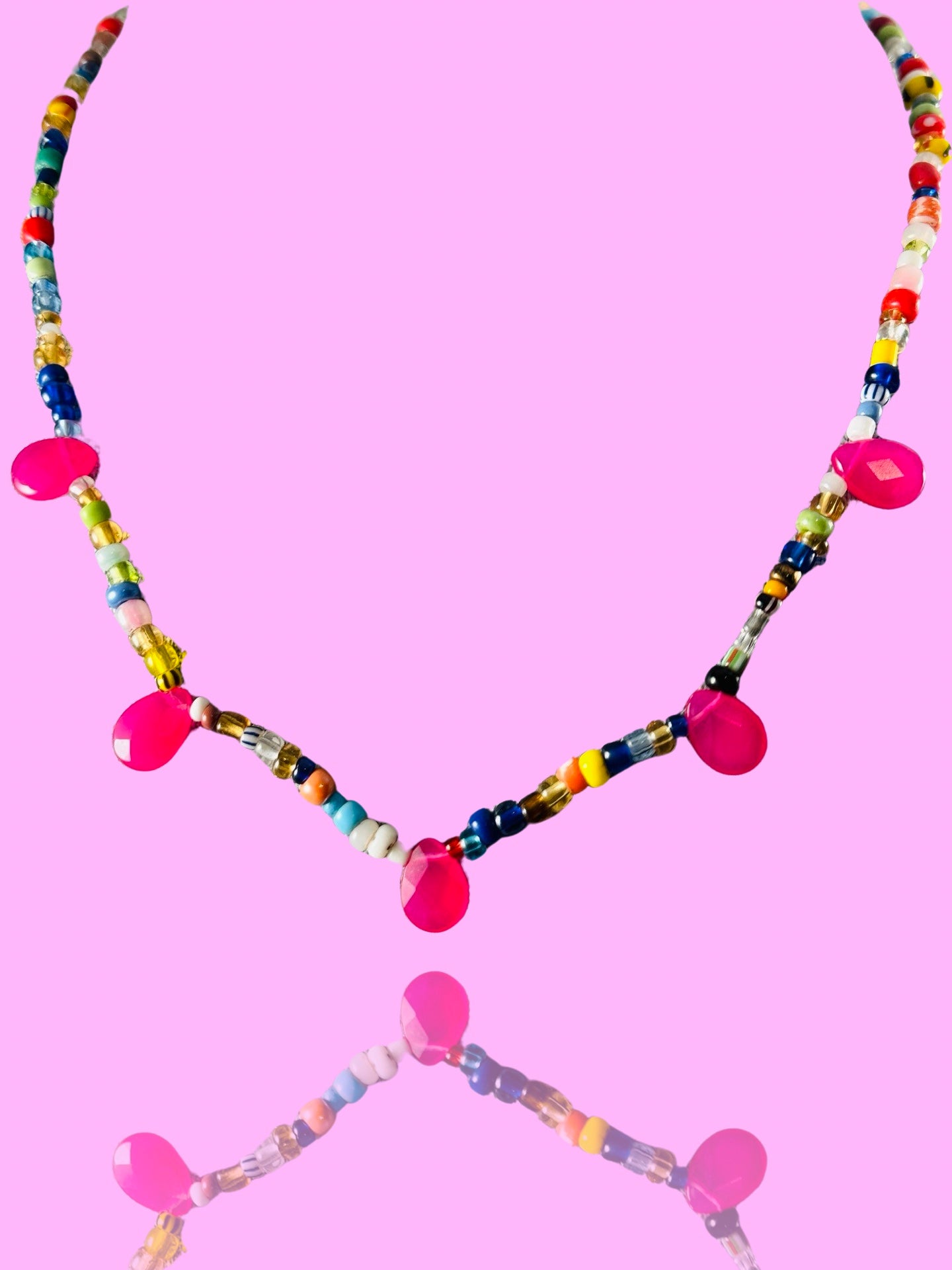 18” African Glass Bead Necklace with Sterling Heart or Pink Teardrops