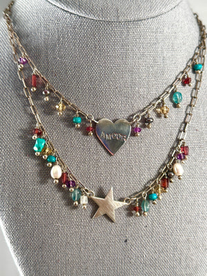 Star and Heart ‘Amour’ Sterling and Gemstone Charm Necklace