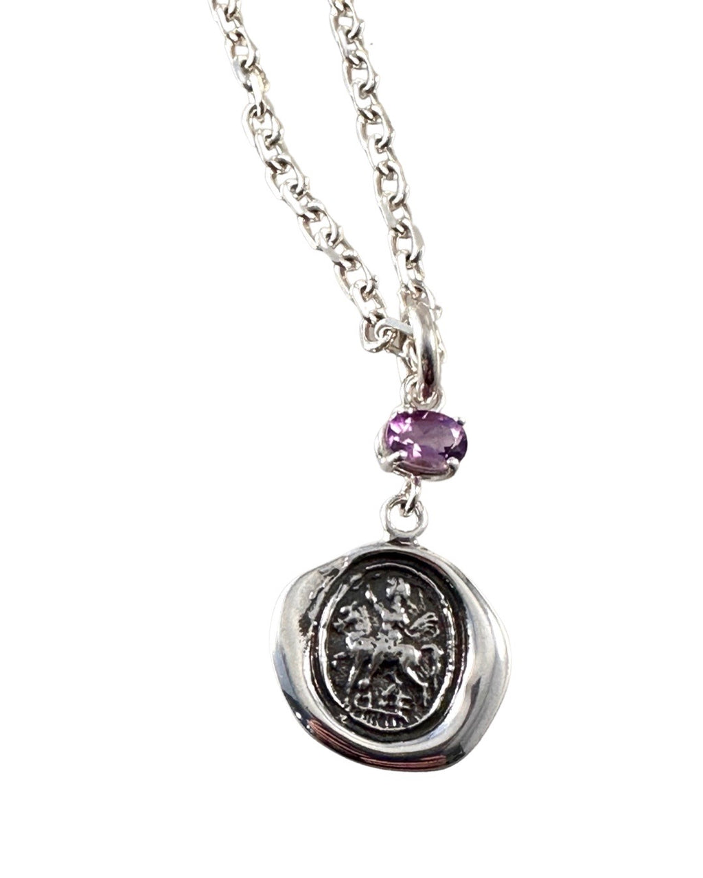 18" Sterling Silver Saint George Crest Necklace with Amethyst