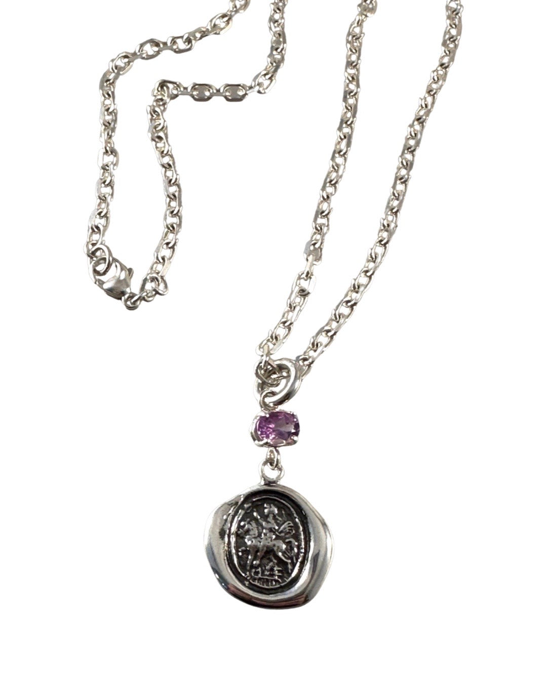 18" Sterling Silver Saint George Crest Necklace with Amethyst
