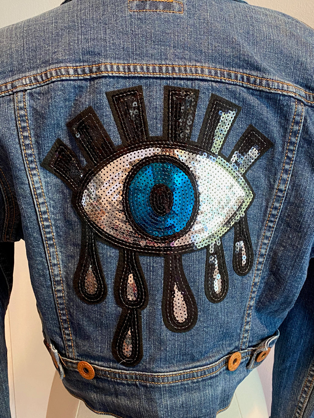 Evil Eye Sequin Jean Jacket Size M/L
