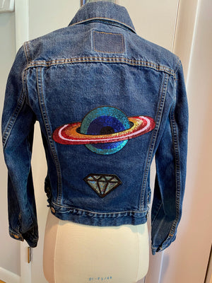 Saturn and Diamond Sequin Jean Jacket Size M