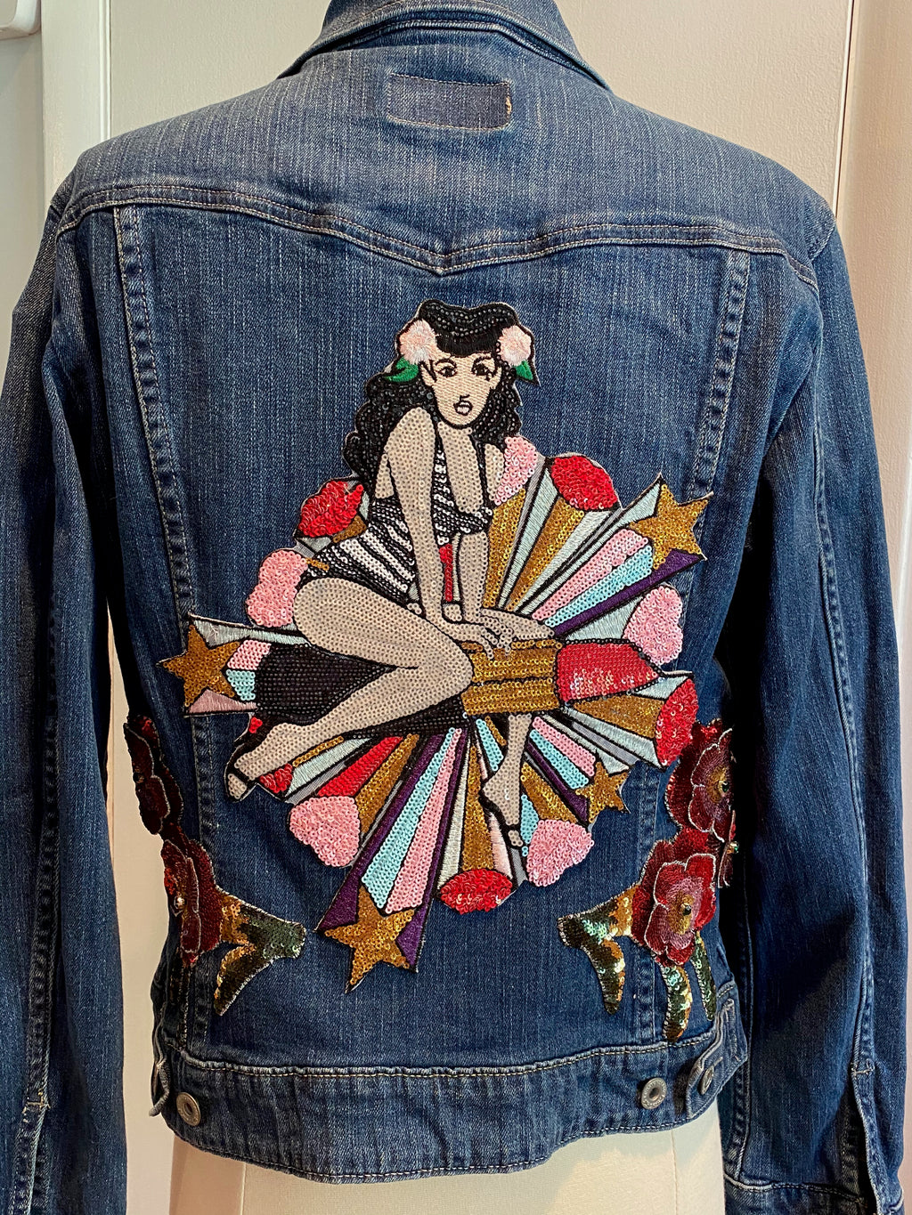 Retro Lady with Lipstick and Floral Sequin Jean Jacket Size L
