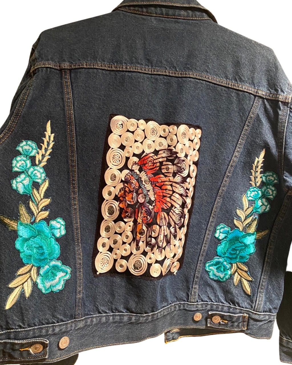 Native American Headdress and Floral Sequin Jean Jacket Size L