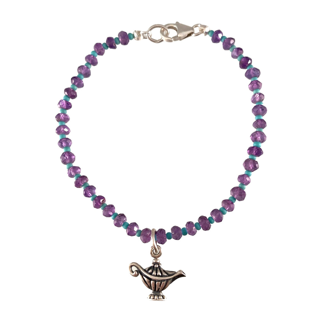 Faceted Amethyst and Genie Lamp Charm Bracelet