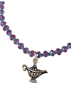 Faceted Amethyst and Genie Lamp Charm Bracelet