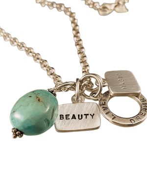 Beauty, Live Your Dreams, Magic Triple Tag Charm Necklace with Turquoise