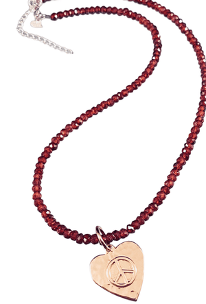 Rose Gold Peace Heart on Garnet Bead Necklace