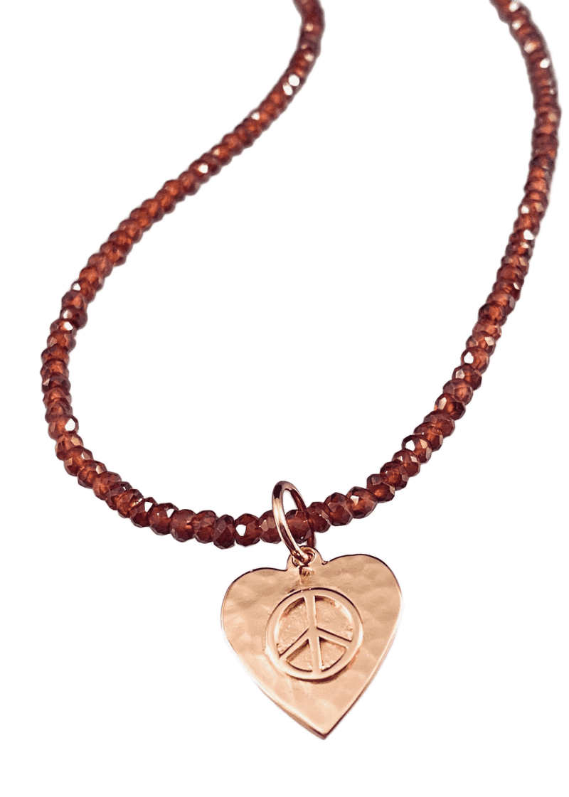 Rose Gold Peace Heart on Garnet Bead Necklace