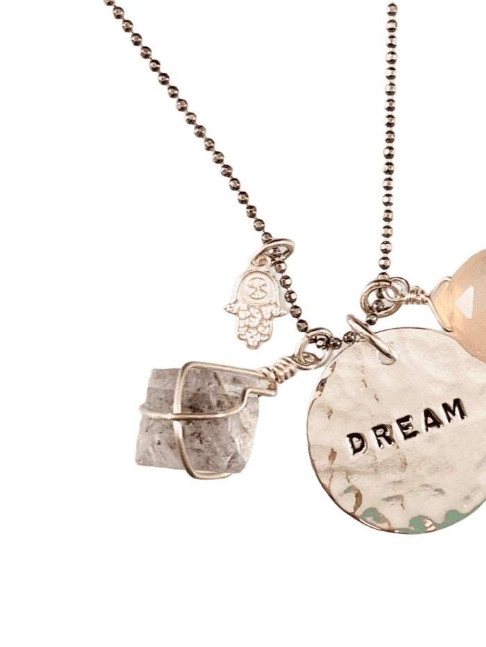 18” Dream & Star Gemstone Charm with Necklace Fluorite & Pink Chalcedony