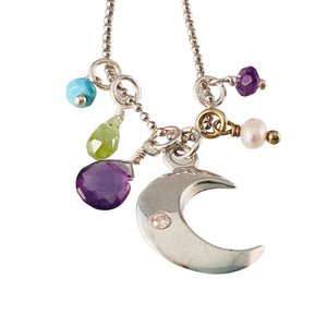 18" Crescent Moon Star Mixed Gemstone Charm Necklace