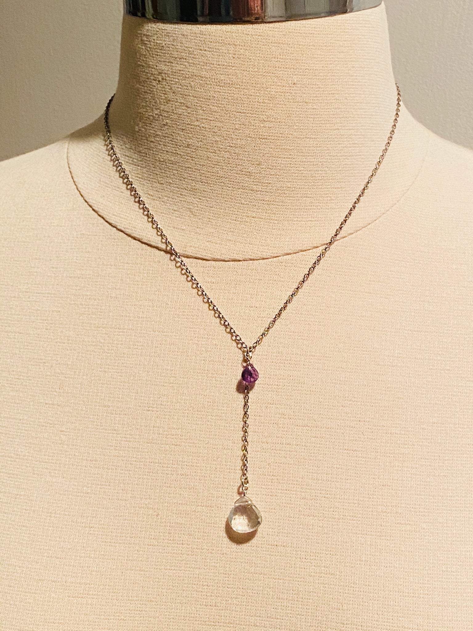 16" Quartz Crystal Gemstone Sterling Y Chain Drop Necklace