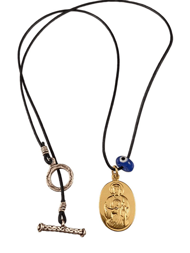 Yellow Gold Miraculous Jesus Medal on Black Cord with Evil Eye Necklace