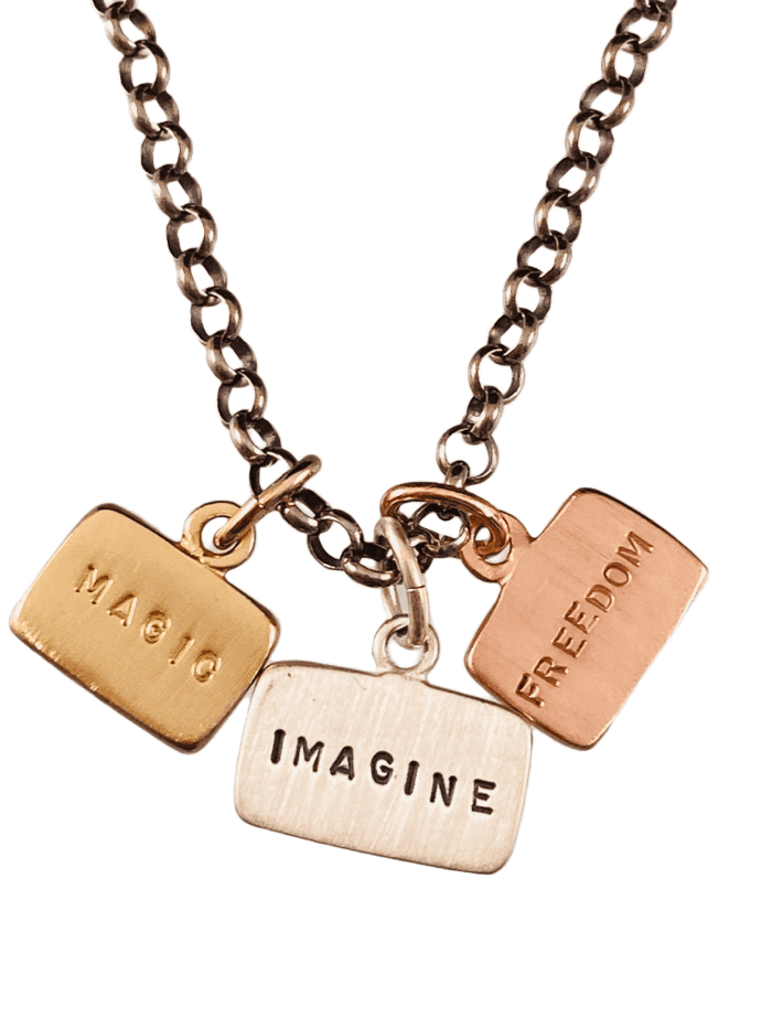 18” Sterling Silver & Tri Color Imagine Magic Freedom Tag Charm Necklace