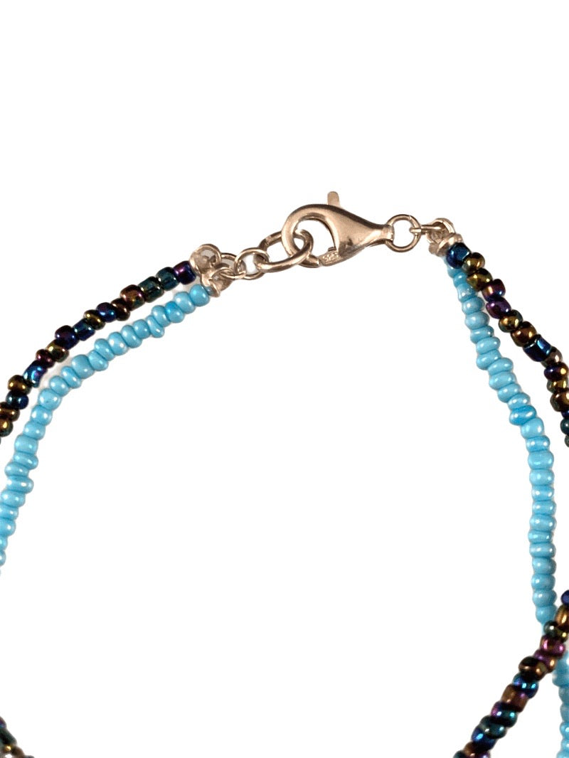Sterling Horse Charm Turquoise Glass Double Strand Beaded Bracelet