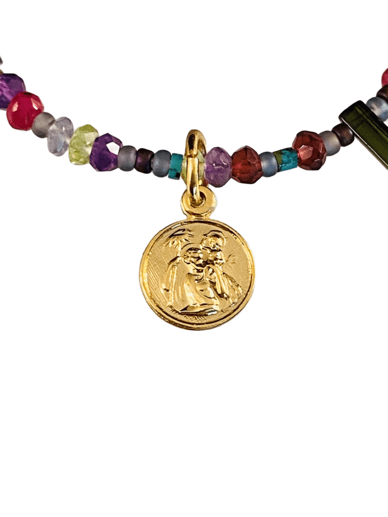Chrome Diopside Beaded Gemstone Bracelet with Religious Medal Charm
