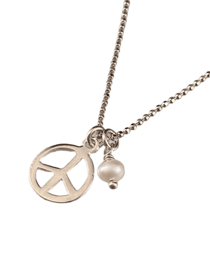 18” Tiny Peace Sign & Pearl Charm Necklace