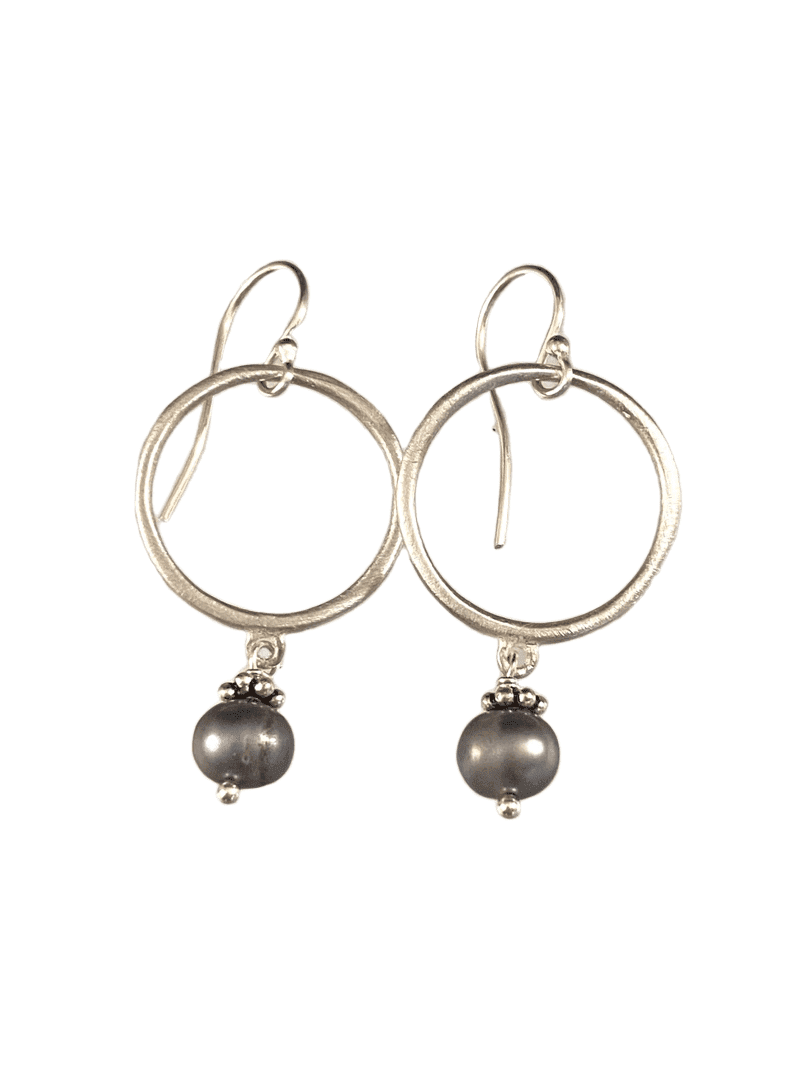 Sterling Circle and Gray Pearl Drop Earrings