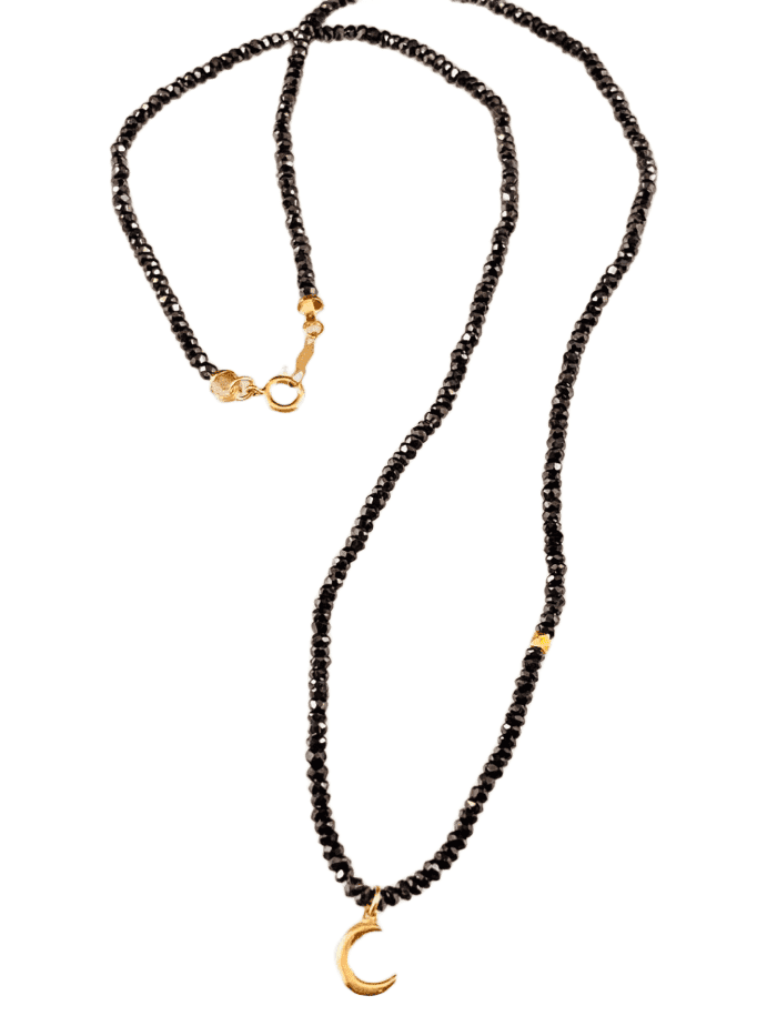 16” Faceted Black Garnet 14k Gold Crescent Moon Charm Necklace