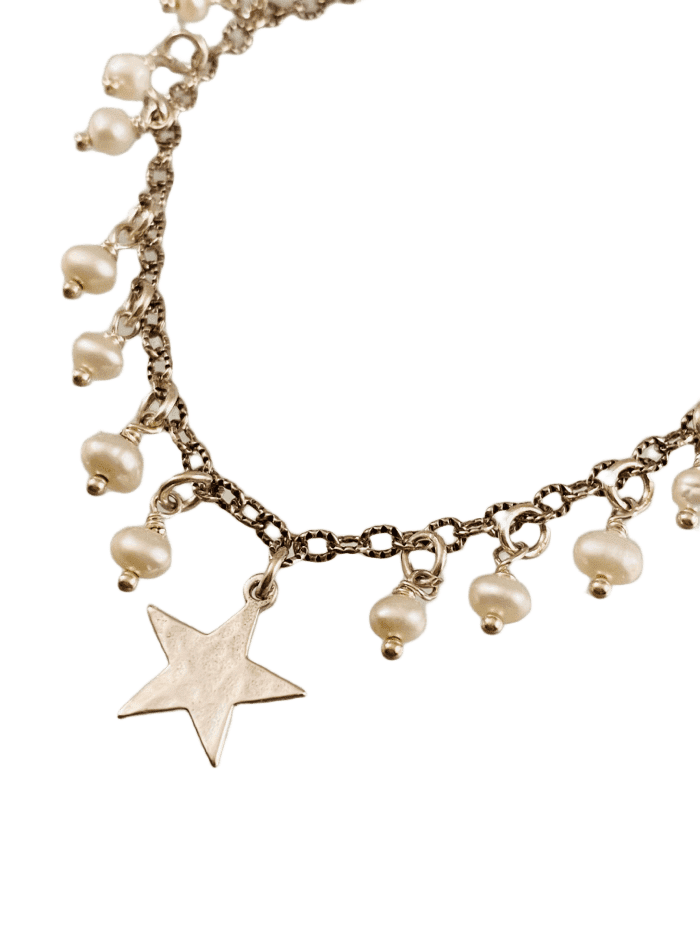 Star and White Pearl Sterling Silver Charm Bracelet