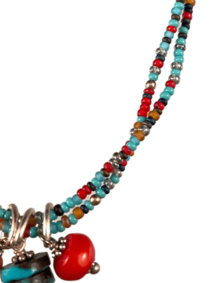 Turquoise & Coral Charm Double Strand Beaded Anklet Turquoise & Iridescent