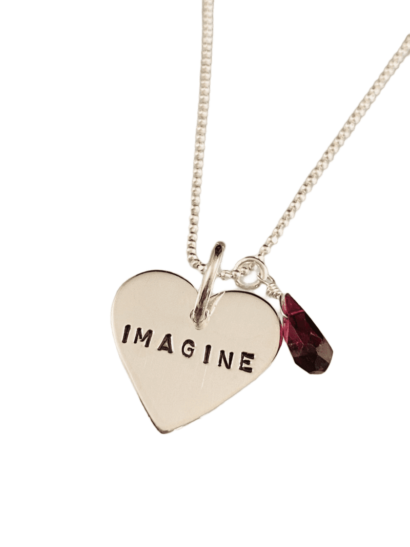 16" Sterling Silver 'Imagine' Heart Necklace with Garnet Gemstone Drop