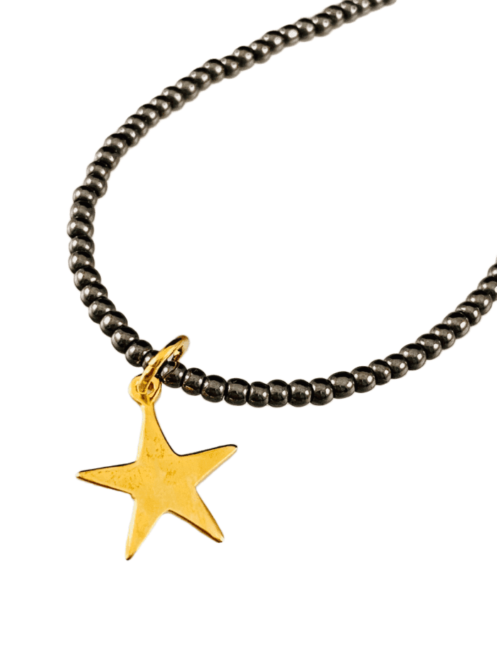 Hematite Gemstone Bead Bracelet with Gold Vermeil Star Charm
