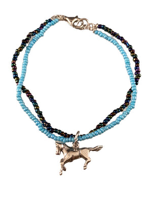 Sterling Horse Charm Turquoise Glass Double Strand Beaded Bracelet