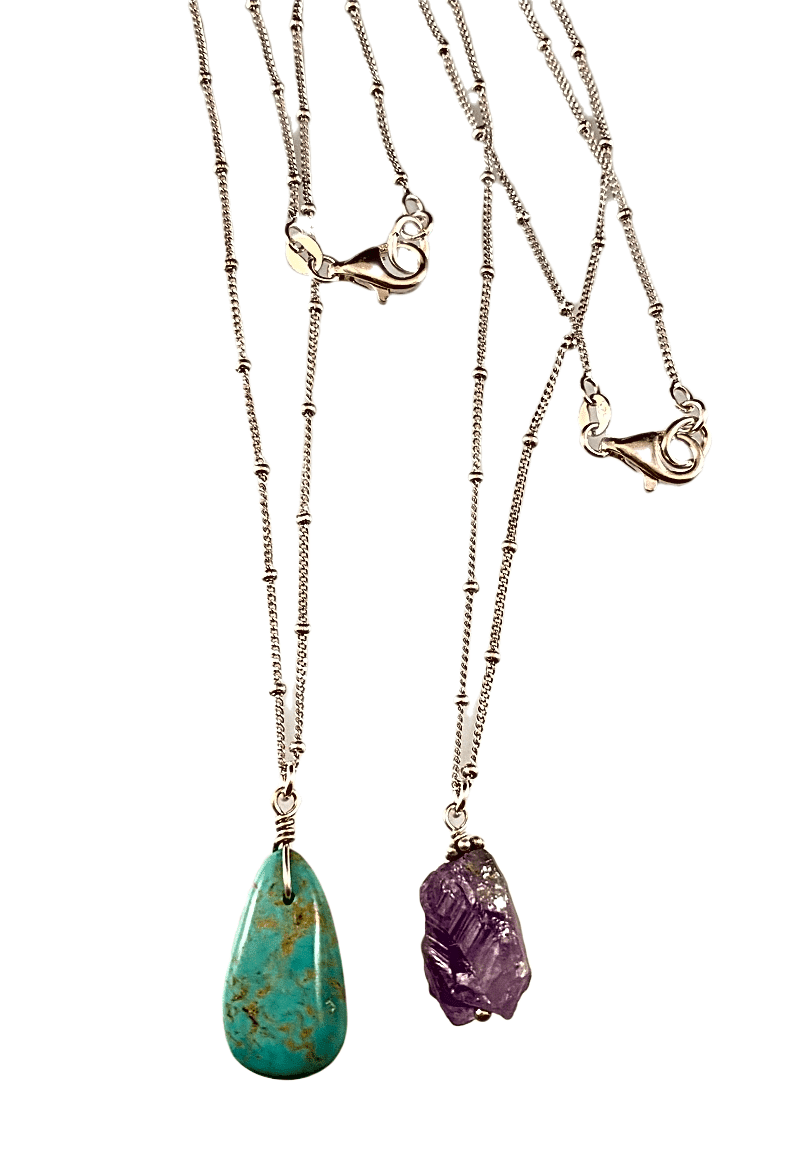 16" Turquoise Teardrop & Amethyst Nugget on Sterling Silver Bead Chain Necklace