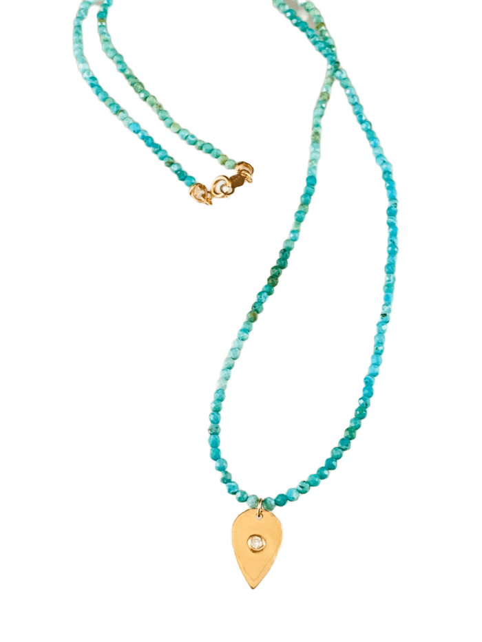 18” Faceted Turquoise Beads with 14k Gold Diamond Tear Drop Charm Necklace