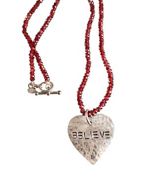 18” Sterling Believe Heart on Garnet Bead Necklace