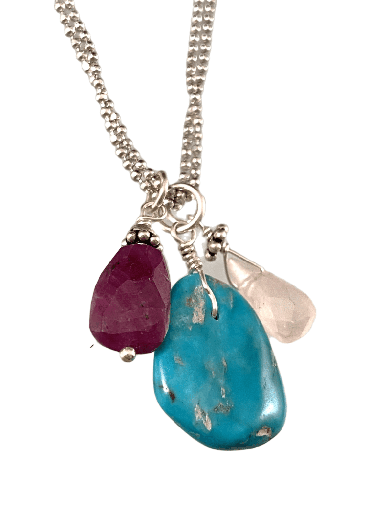 16"- 18" Sterling Silver Turquoise Charm Necklace with Ruby & Rose Quartz