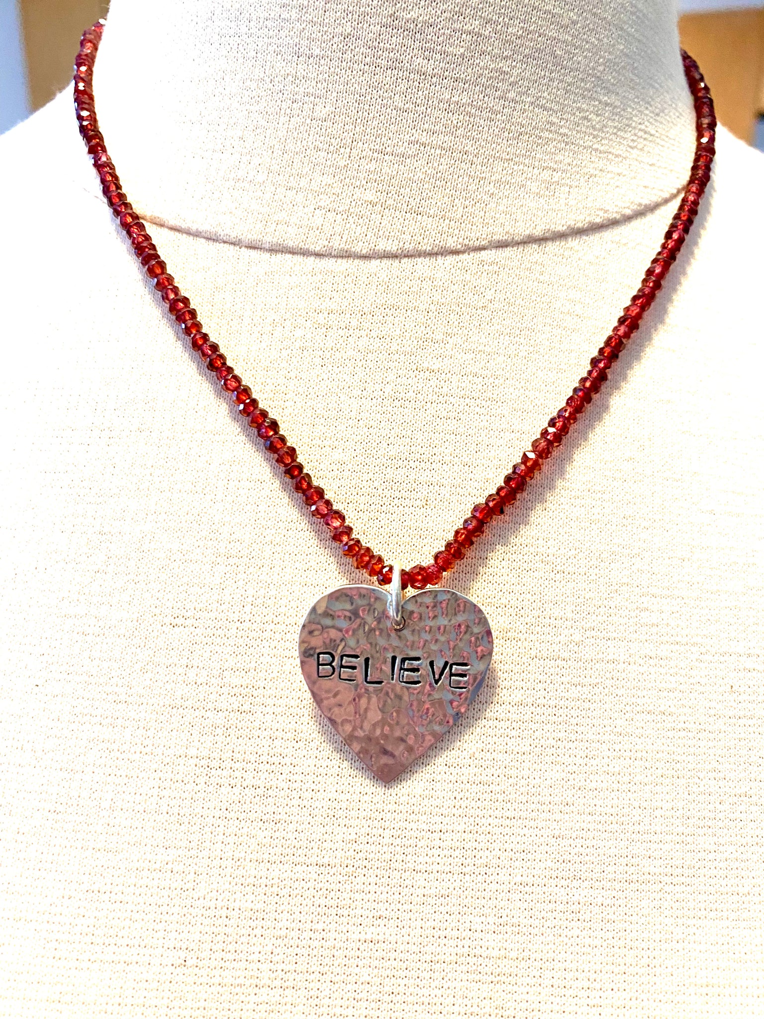 18” Sterling Believe Heart on Garnet Bead Necklace