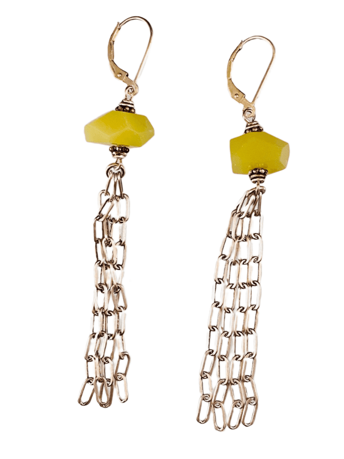 Sterling Fringed Chain Earrings in Olive Jade