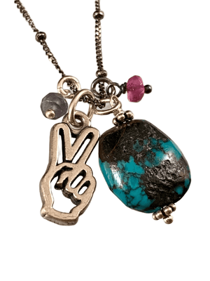 18" Turquoise Drop with Peace Hand and Pink Tourmaline & Iolite Gem Charm Necklace