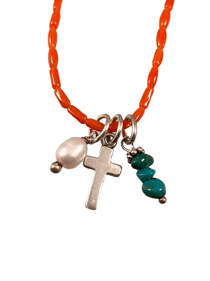16” Coral Cross Turquoise & Pearl Protection Necklace