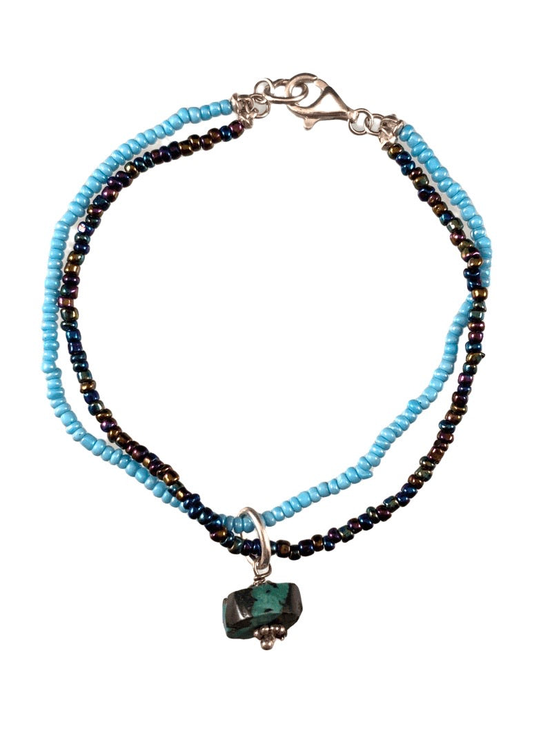 Turquoise Gemstone Charm Turquoise Glass Double Strand Beaded Bracelet