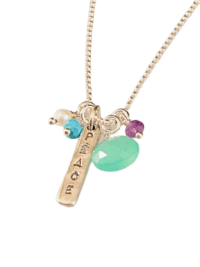 16" Peace Matchstick Gem Charm Necklace Turquoise Chrysoprase Amethyst & Pearl