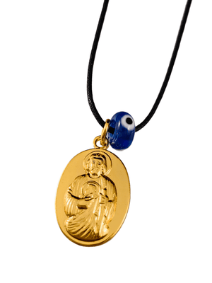 Yellow Gold Miraculous Jesus Medal on Black Cord with Evil Eye Necklace