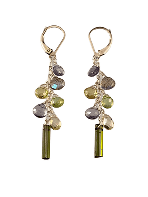 Chrome Diopside Lemon Quartz Peridot Iolite Silver Waterfall Gemstone Earrings