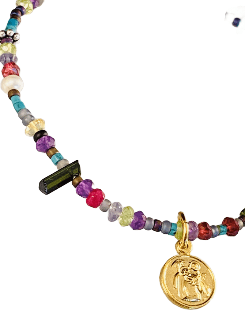 Chrome Diopside Beaded Gemstone Bracelet with Religious Medal Charm