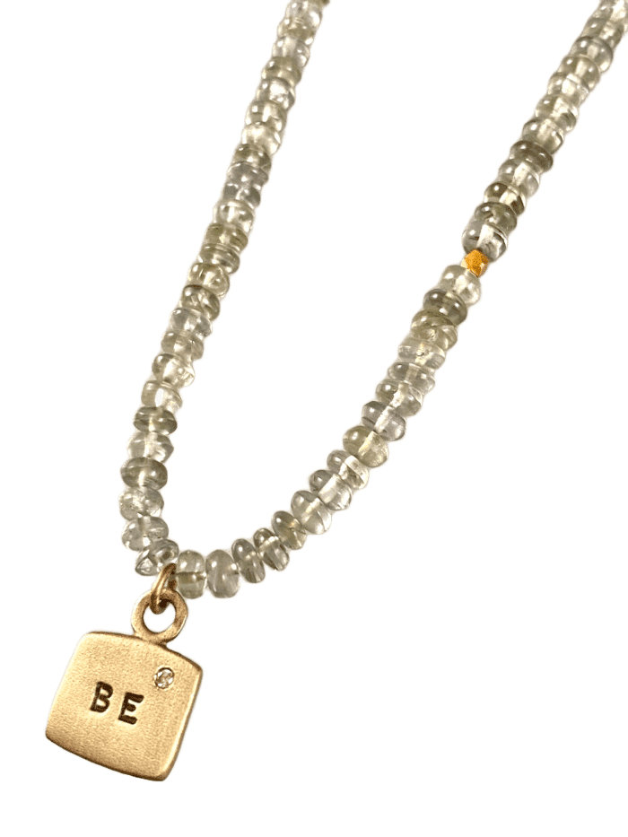 18” Graduated Prehnite Beads with 14k Gold Diamond ‘BE’ Tag Charm Necklace
