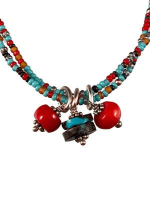 Turquoise & Coral Charm Double Strand Beaded Anklet Turquoise & Iridescent