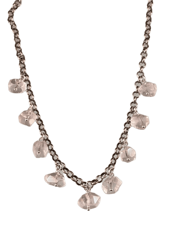 16" Faceted Rose Quartz Gemstone Sterling Silver Charm Necklace